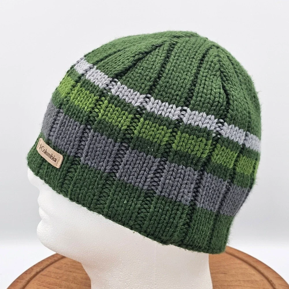 Columbia In-Bounds Beanie‎ Green Grey Stripe Fleece Lined Knit Winter Hat Unisex